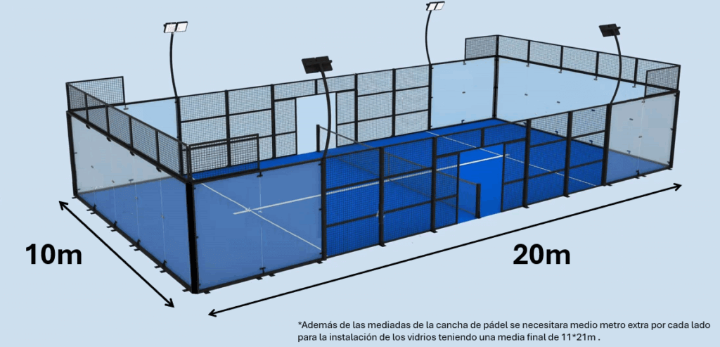 las medias de la cancha de pádel son de 20*10 metros, se pide 1 metro mas por lado para la instalación de los vidrios
